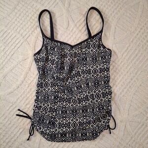 Panache Size 34E Tankini Top Navy White Geometric Ruched Side Swim Underwire